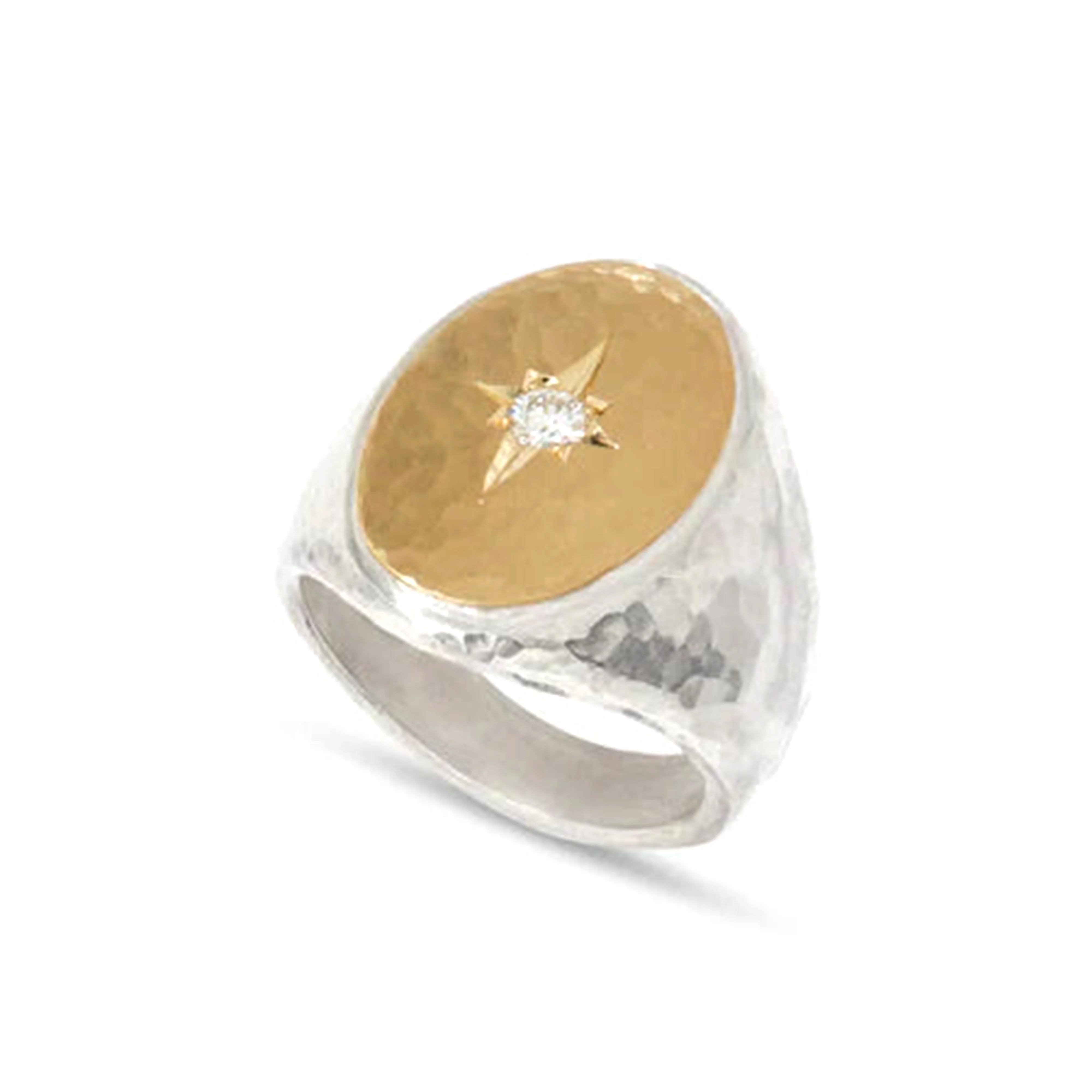 MALCOLM BETTS - Silver and 18k Yellow Gold Oval Signet Ring with Star Diamond - Image 2