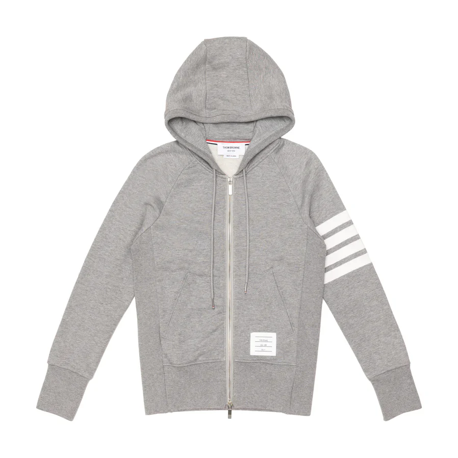 THOM BROWNE - Mens Loopback Jersey Knit 4 Bar Zip Up Hoodie - (Light Grey)